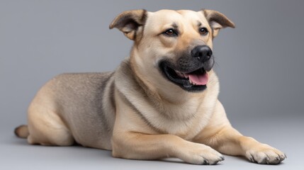 Obraz premium Friendly tan dog with expressive eyes lying on a gray background enjoying a moment of relaxation and comfort while looking content and happy