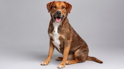 Obraz premium Happy and Playful Brown Dog Sitting on a Gray Background with an Energetic Expression and Relaxed Posture in a Studio Setting