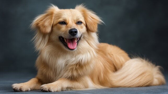 Beautiful golden dog with fluffy fur resting comfortably, showcasing joyful expression and bright eyes, perfect for pet and animal-related themes and projects.