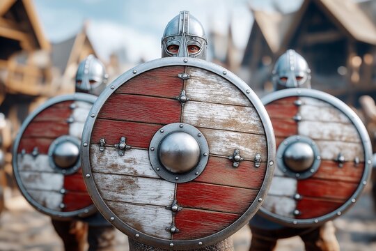 Group of armored warriors with shields in formation representing defense unity and strength in historical medieval battle scene with disciplined soldiers