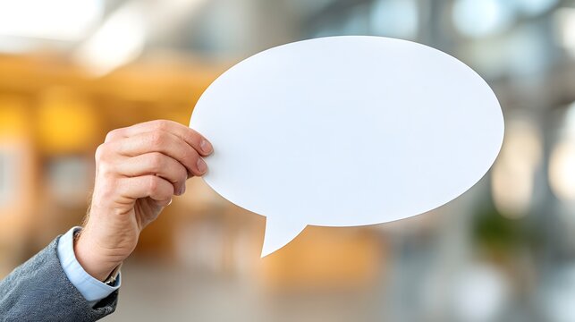 A person is holding a white paper with a speech bubble on it