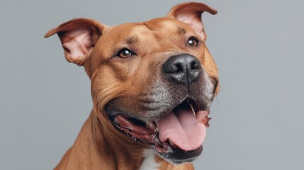 Obraz premium Happy and Playful Dog with Joyful Expression Looking Directly at the Camera in a Studio Setting Against a Neutral Background