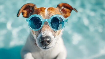 Fototapeta premium A dog wearing sunglasses is in a pool