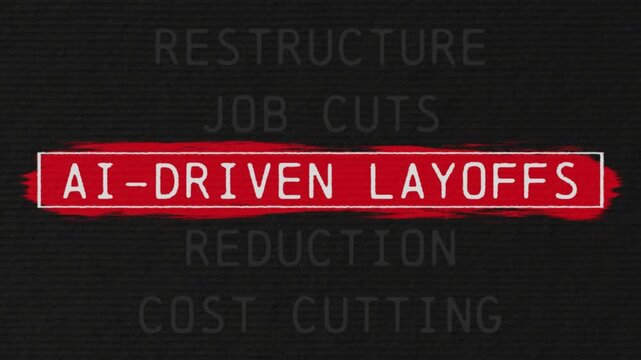 AI-Driven Layoffs scrolling text sequence with documentary style title animation for news topic and trend