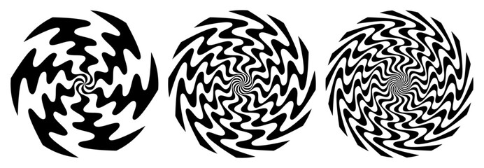 Radial waves fluid, spiral vortex black and white vector set.