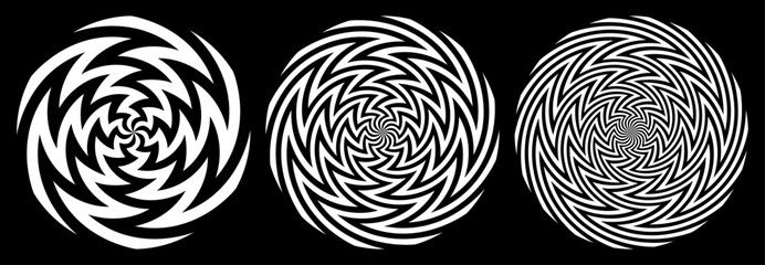 Abstract sharp shapes, spiral vortex black and white vector set.