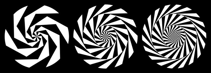 Hypnotic lines spiral vortex black and white vector set.
