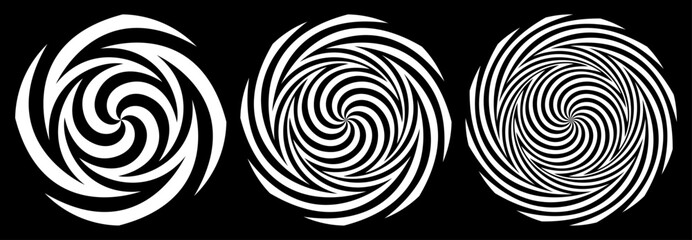 Sharp blade hypnotic shapes, spiral vortex black and white vector set.