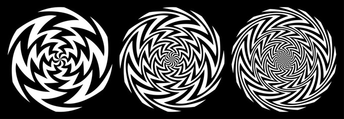Sharp lines psychedelic swirl, spiral vortex black and white vector set.