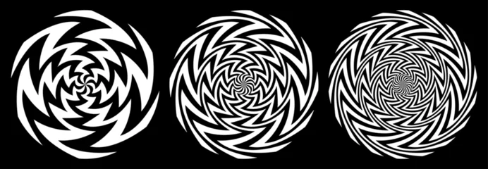 Sharp lines psychedelic swirl, spiral vortex black and white vector set. © mariposo