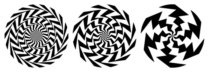 Psychedelic spiral vortex black and white vector set.
