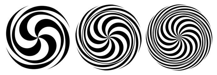 Radial perspective abstract curves, spiral vortex black and white vector set.