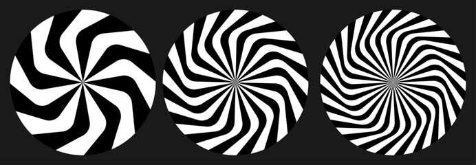 Spiral radial vortex black and white vector set.