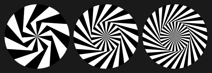 Twisted straight lines, spiral vortex black and white vector set.
