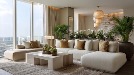 Naklejka premium Modern luxury living room design featuring minimalist furniture, elegant lighting, indoor plants, and scenic city views for contemporary home decor inspiration
