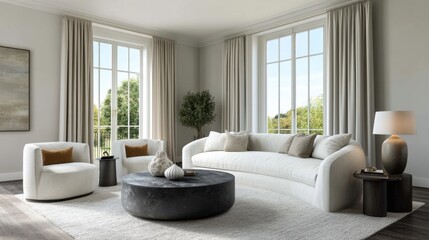 Elegant modern living room with light tones, featuring stylish sofa, comfortable chairs, round coffee table, and large windows overlooking green landscape