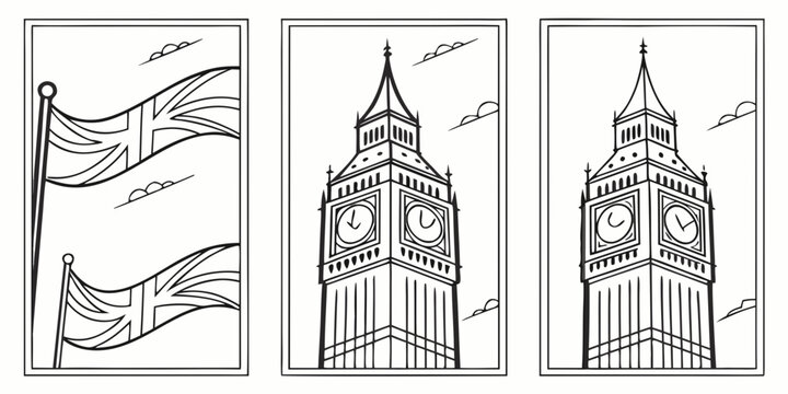 Set of three line art illustrations featuring the big ben clock tower in london and united kingdom national flags fluttering in the wind for travel design
