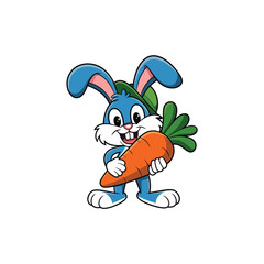 easter bunny with a carrot mascot and photo tatou. Cute Cartoon Bunny Rabbit Holding a Big Carrot.