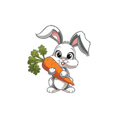 easter bunny with a carrot mascot and photo tatou. Cute Cartoon Bunny Rabbit Holding a Big Carrot.