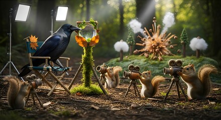 Squirrels and Crow Filming Scene in Forest Setting