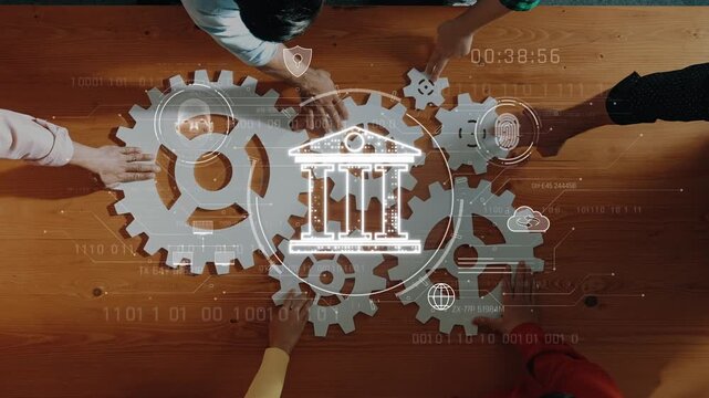 Aerial view of a wooden table with diverse professionals collaborating on finance strategy, using gears and technology symbols to emphasize teamwork and innovation. Raster