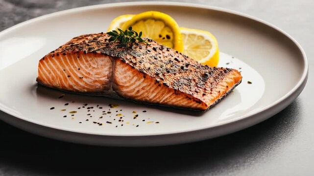 Succulent grilled salmon with lemon garnish on elegant plate displayed in highquality sequence
