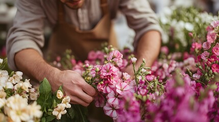 Fototapeta premium A man is tending to a garden of flowers, including pink and yellow flowers