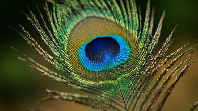Close up detail of a vibrant peacock feather showing iridescent eye pattern and delicate barbs against a blurred natural background for organic