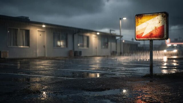 Rainsoaked pavement reflecting motels minimal exterior rooms a slightly rusted sign sharpened against a softly blurred rainy street environment.