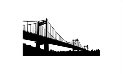 Obraz premium Silhouette of a large suspension bridge spanning a wide river.