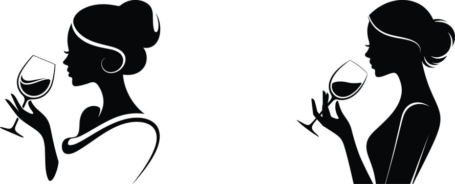 Silhouette of elegant woman enjoying a glass of wine, conveying sophistication and relaxation in a minimalist black and white design.