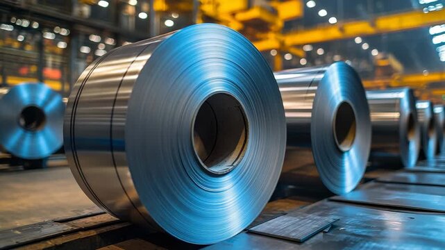 Large steel coils rolled and stored in a factory during daytime operations in an industrial setting
