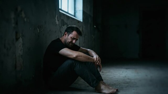 Man sitting alone in dark empty room feeling depressed