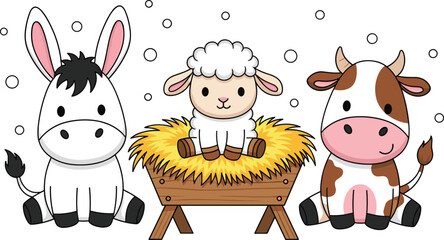 Obraz premium Cute nativity animals cartoon, lamb donkey cow, festive manger scene, children’s Christmas illustration, holiday decoration design, flat vector art