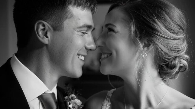 Bride and groom sharing a quiet, silent smile. Subtle connection captured without exaggeration, conveying authentic intimacy and refined romantic elegance.
