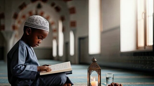 Young Muslim boy memorizing Quran with joy and peace