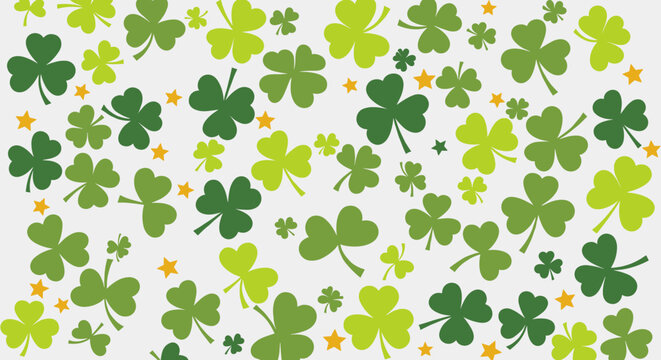 Green three-leaf shamrocks and four-leaf clovers scattered with small orange stars in a festive, flat vector illustration for a St. Patrick's Day holiday theme background