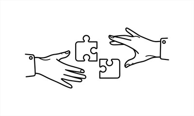 Obraz premium Two hands connecting puzzle pieces, symbolizing collaboration and teamwork.