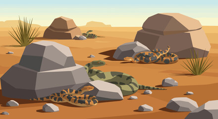 Several venomous rattlesnakes with colorful patterned scales slither and rest among grey rocks in a hot, arid desert landscape under a clear sky, flat vector illustration