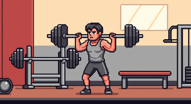 Muscular pixel art style man lifting a heavy barbell during a strength training workout in a retro video game style gym with exercise equipment in the background