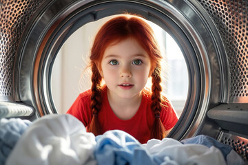 Adorable Little Redhead Girl Peeking into a Washing Machine with a Bright Smile - Domestic Chores and Childhood Concept