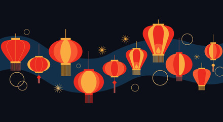 Obraz premium Red and orange paper lanterns hanging in a festive horizontal arrangement, a minimalist flat vector illustration on a dark blue background for a cultural holiday celebration