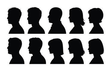 Set of vector silhouettes showing a diverse group of people in profile view