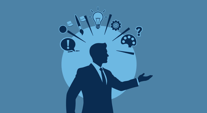 Businessman silhouette with idea and creativity icons exploding from his head in a flat vector illustration style, a concept for innovation, problem-solving, and business solutions
