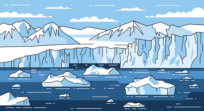 Arctic landscape illustration with glaciers and icebergs floating in the cold blue ocean under a clear sky with clouds, depicted in a minimalist flat line art vector style