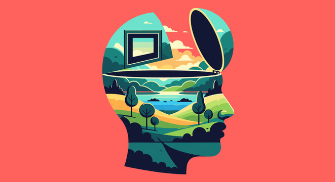 Human head profile silhouette with an open top revealing a serene inner world landscape of hills and a lake, symbolizing creativity and mental wellbeing on a solid red background
