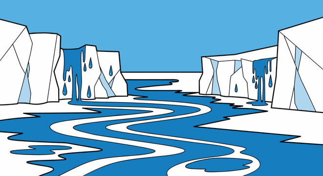 Graphic vector illustration of melting icebergs and glaciers with waterfalls creating a winding river, representing climate change and global warming