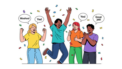 Fototapeta premium Group of diverse people celebrating success and jumping for joy with confetti.