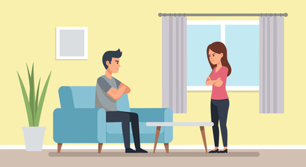 Angry young couple having a relationship conflict while sitting and standing apart in a modern living room, showing frustration and disagreement with crossed arms and upset faces
