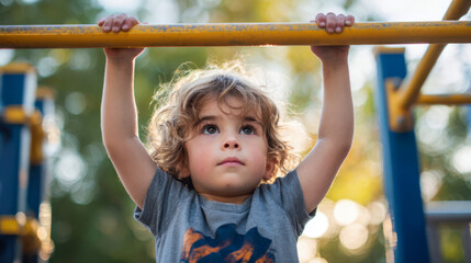 Fototapeta premium Child plays and practices skills on monkey bars in a playground during bright afternoon hours near trees and sunlight